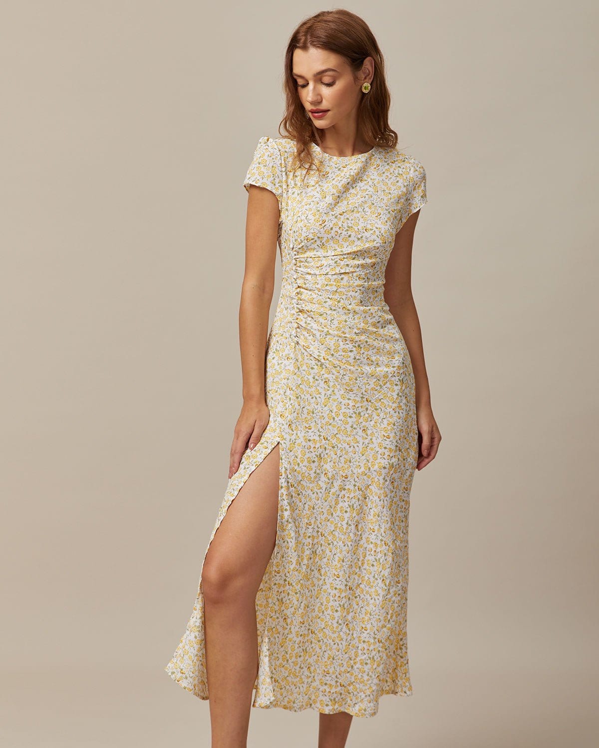 The Yellow Round Neck Floral Midi Dress Best