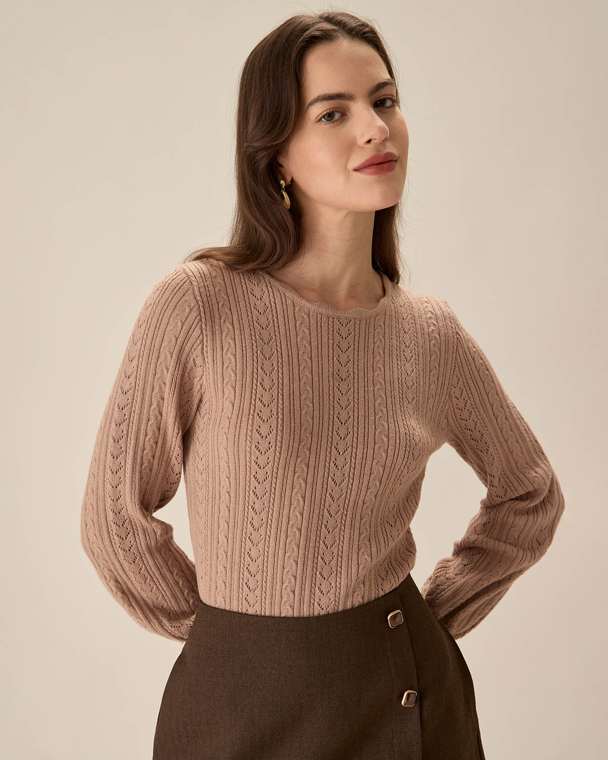 Khaki Lantern Sleeve Slim Sweater Outlet Low Pice Fee Shipping