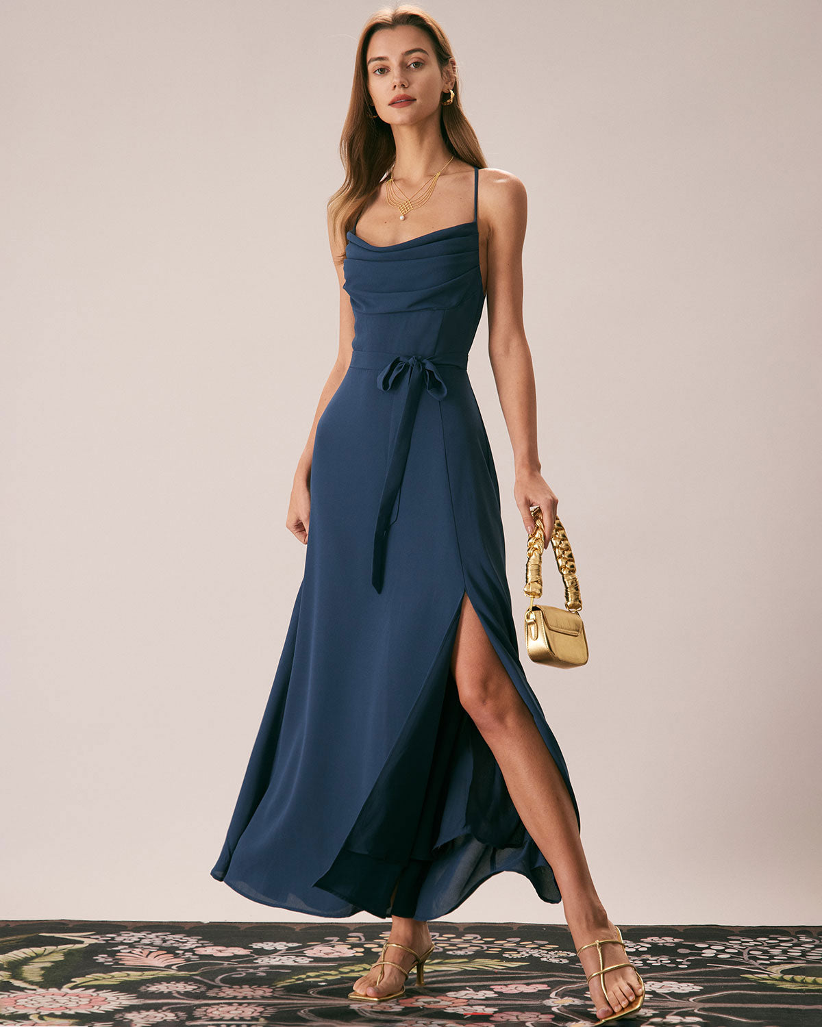 The Navy Cowl Neck Cutout Back Maxi Dress Discount Best Pices