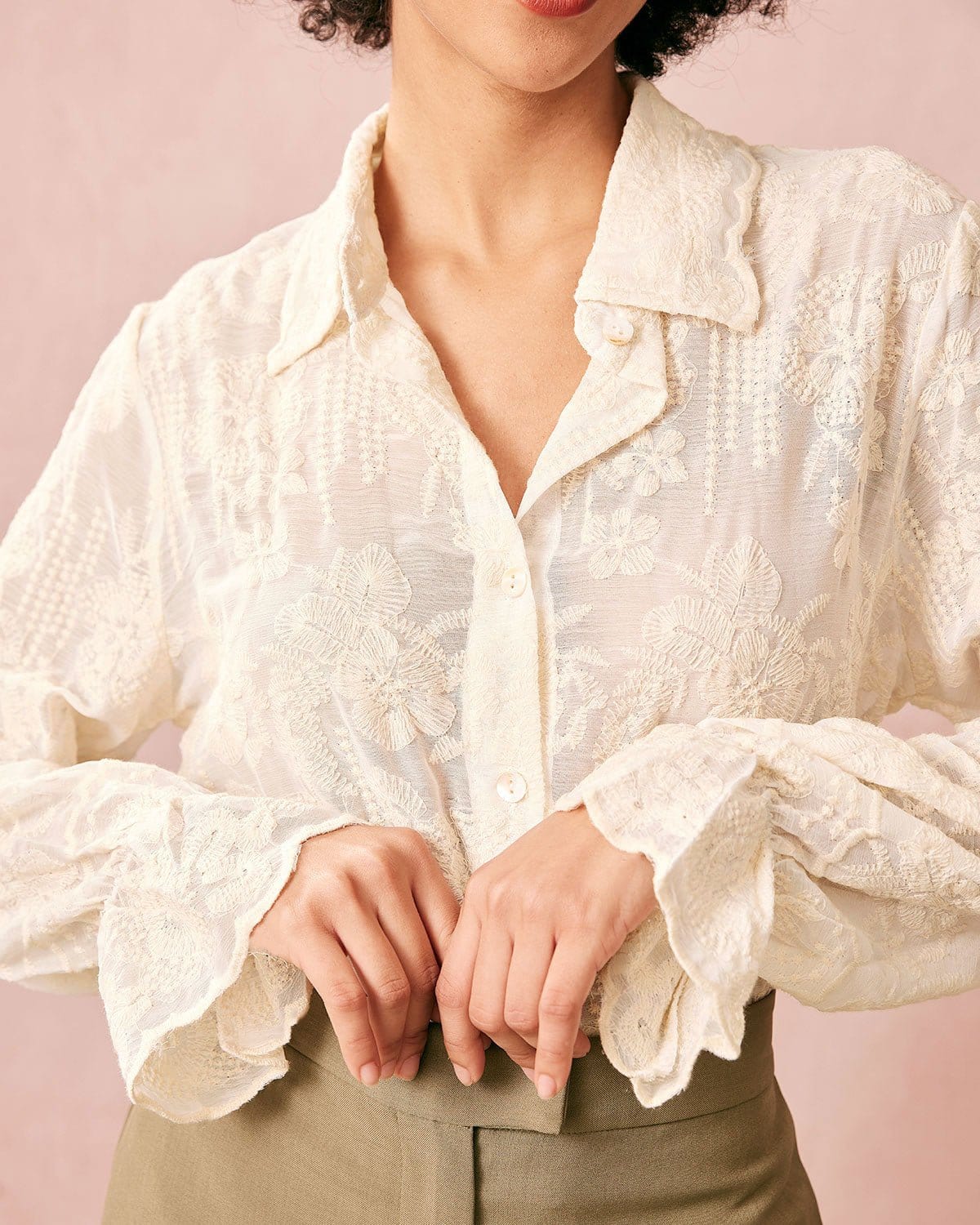 The Beige Lapel Embroidery Long Sleeve Blouse New Arrival For Sale