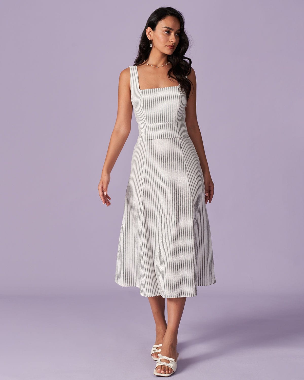 The White Square Neck Striped Midi Dress Discounts Sale Online