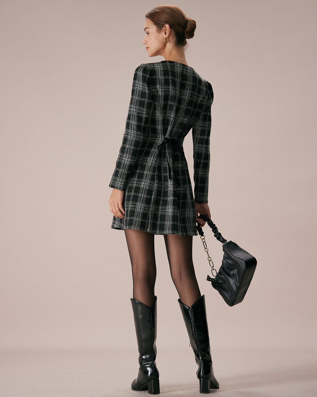 The Black Crew Neck Plaid A-Line Mini Dress Fashionable Cheap Pice