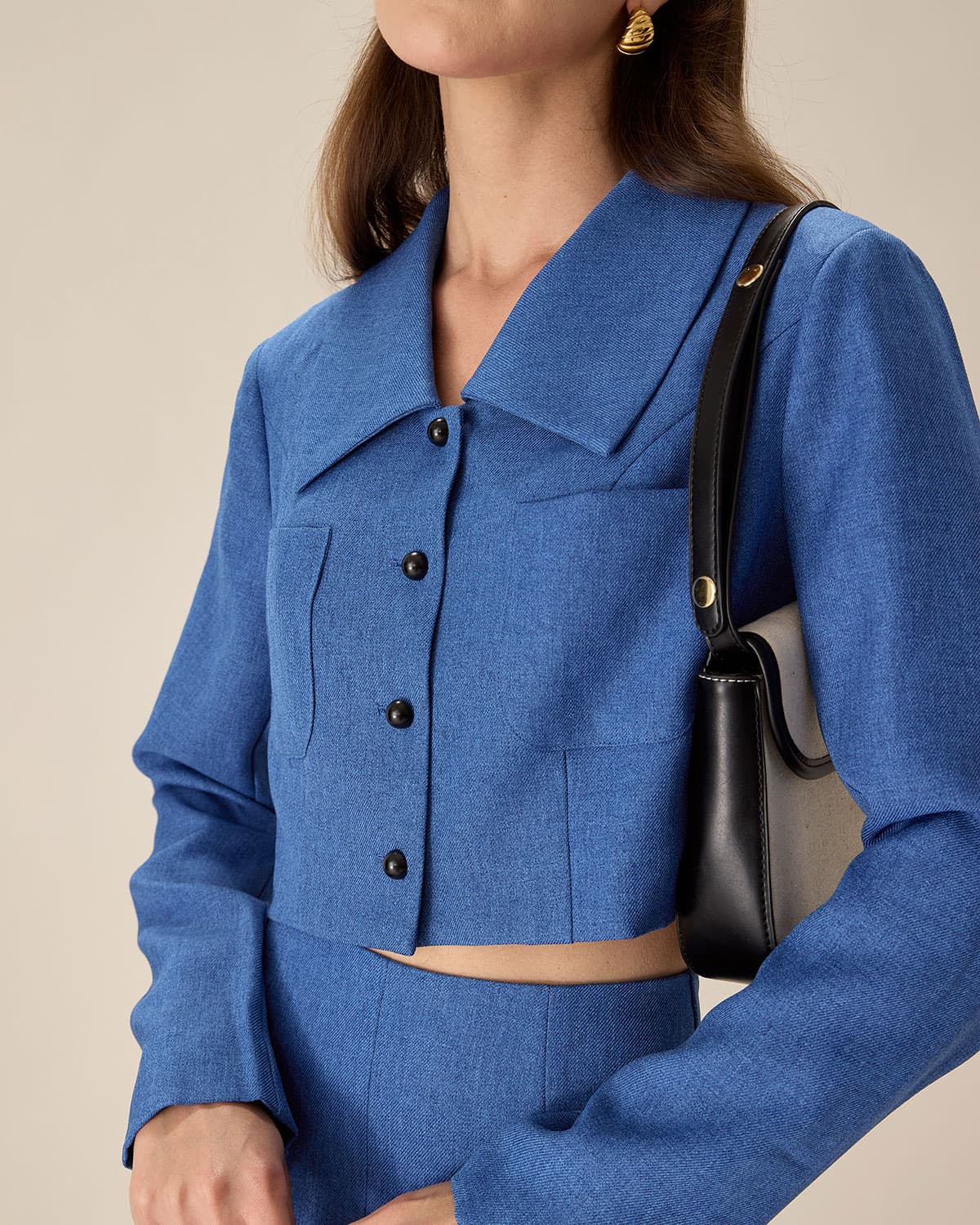 Blue Single-Breasted Pocket Crop Jacket Low Pice Fee Shipping Sale Online