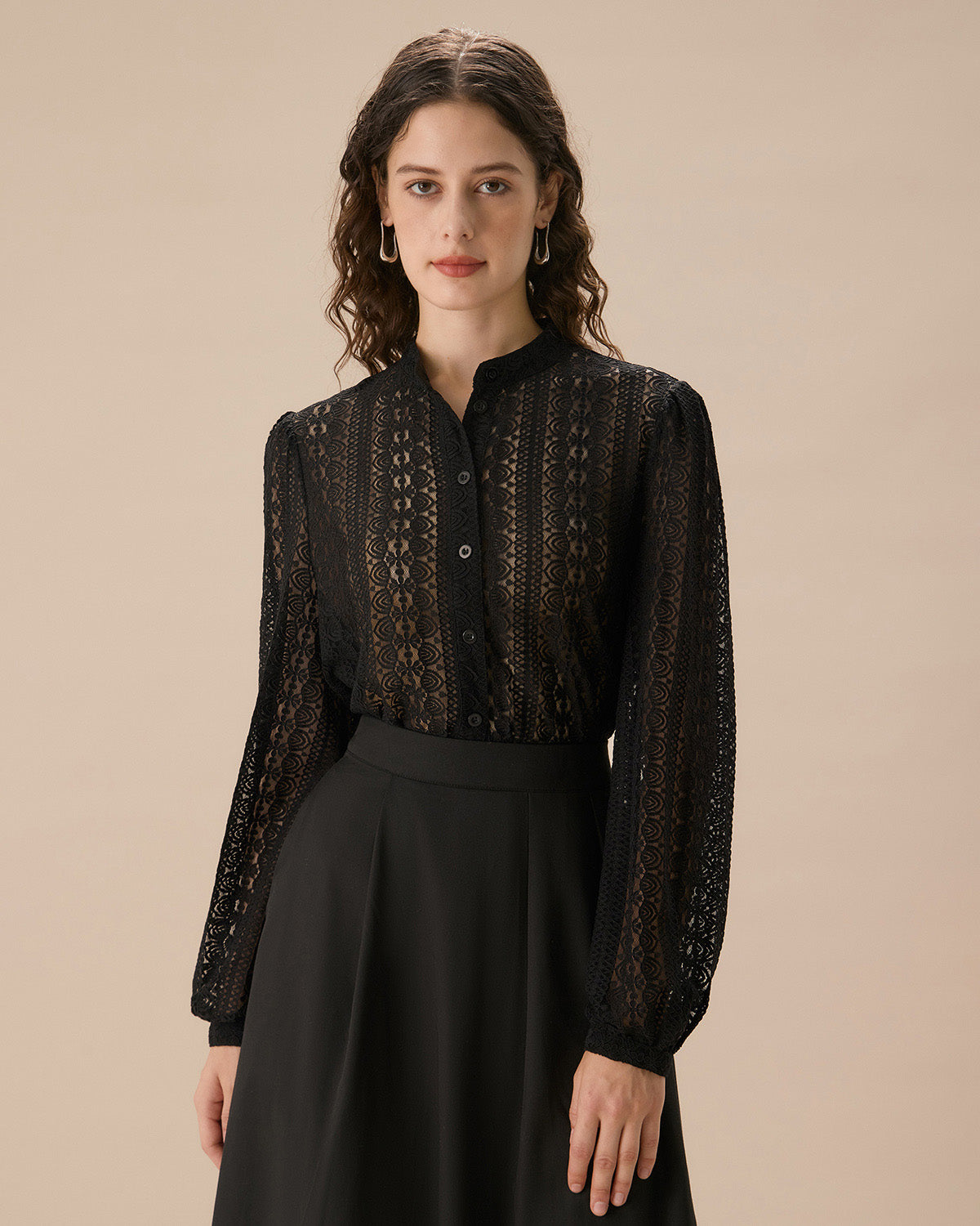 Black Lace Lantern Sleeve Blouse Discount Low Pice