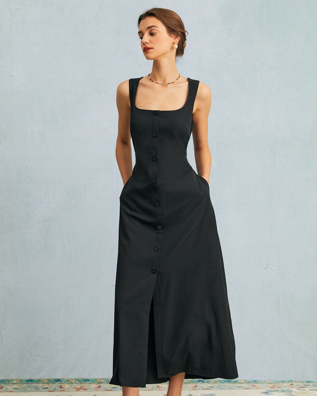 The Black U Neck Tie Back Sleeveless Maxi Dress Pictures Cheap Online