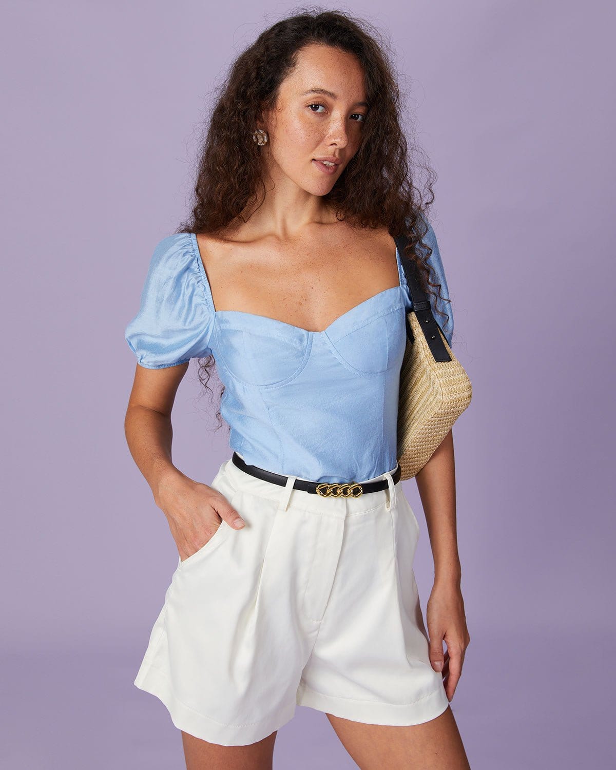 The Blue Sweetheart Neck Puff Sleeve Blouse Outlet View