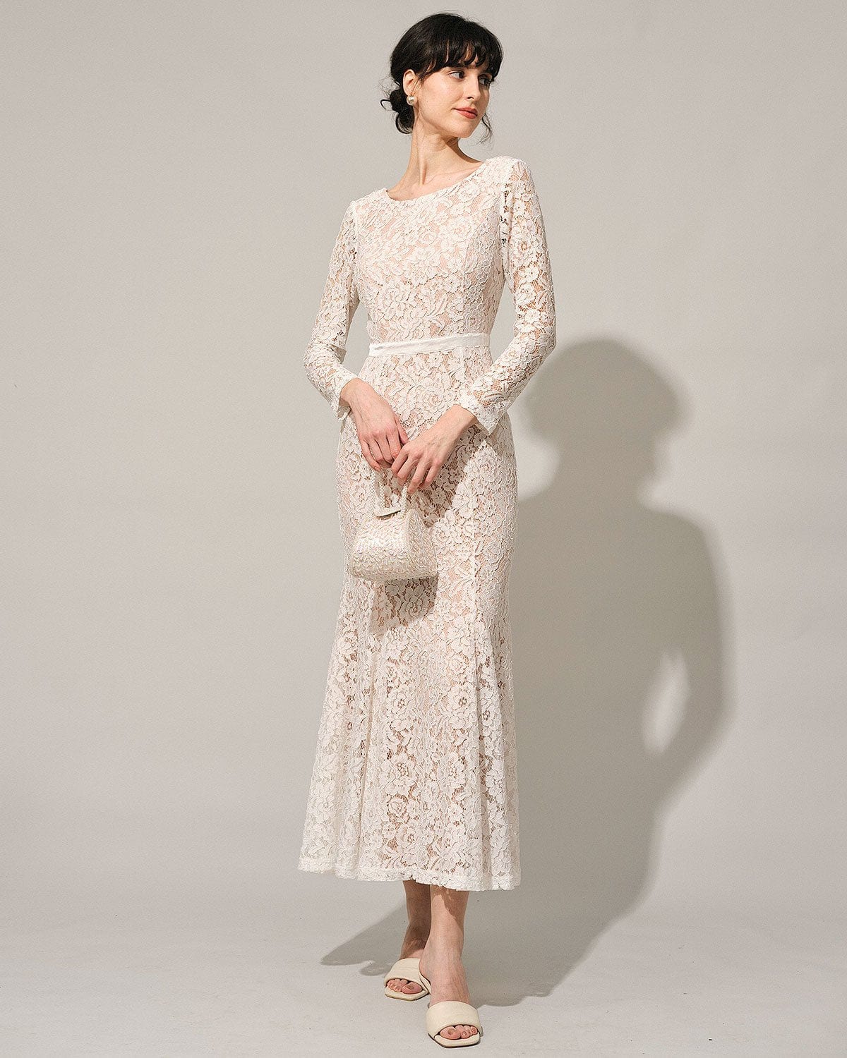 The White Lace Long Sleeve Backless Maxi Dress Free Shipping Wholesale Pice