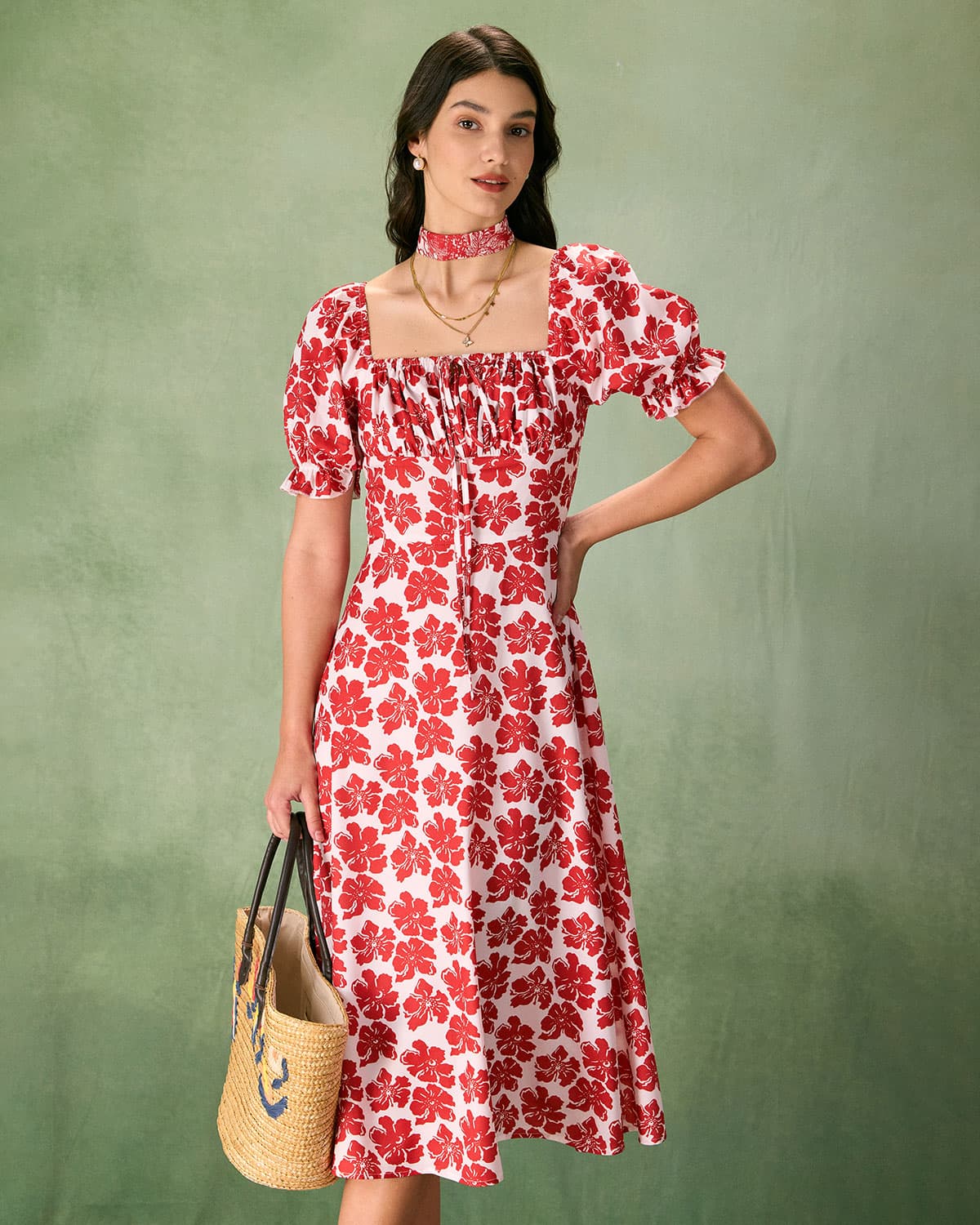 The Red Square Neck Floral Ruched Midi Dress Clearance Best Seller