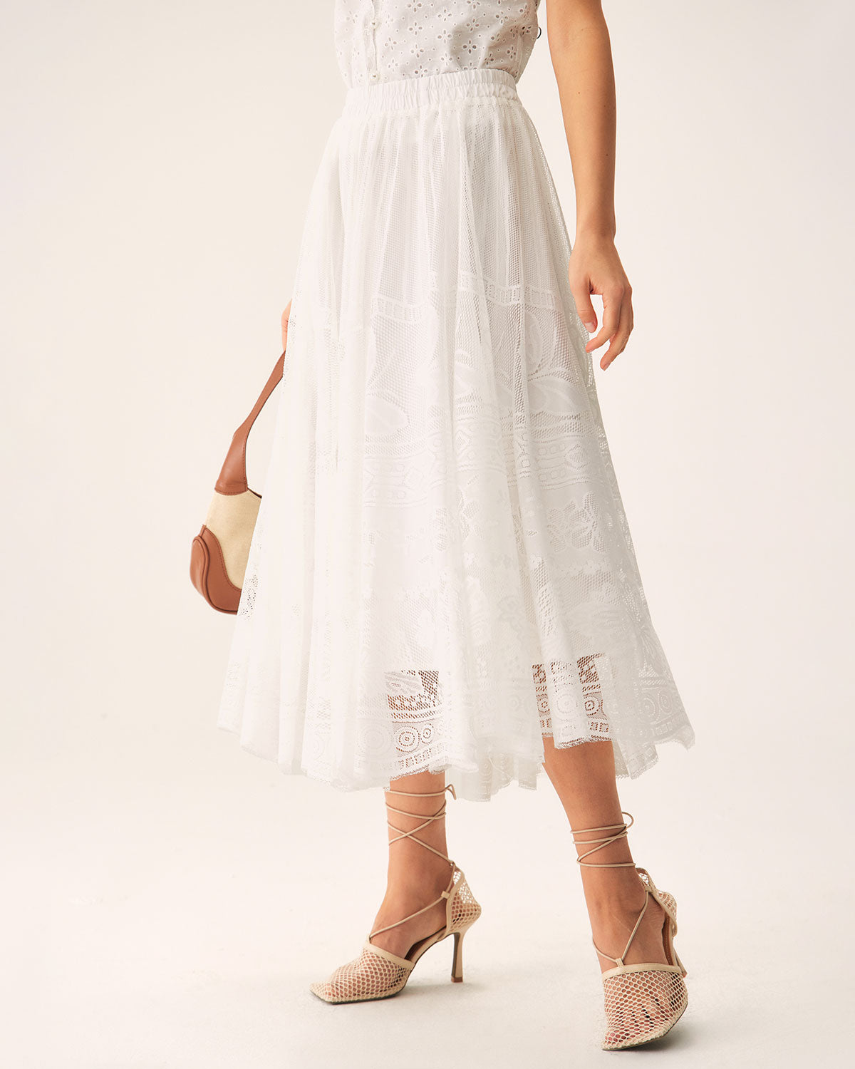 White Lace Elastic Waist Midi Skirt Discount View