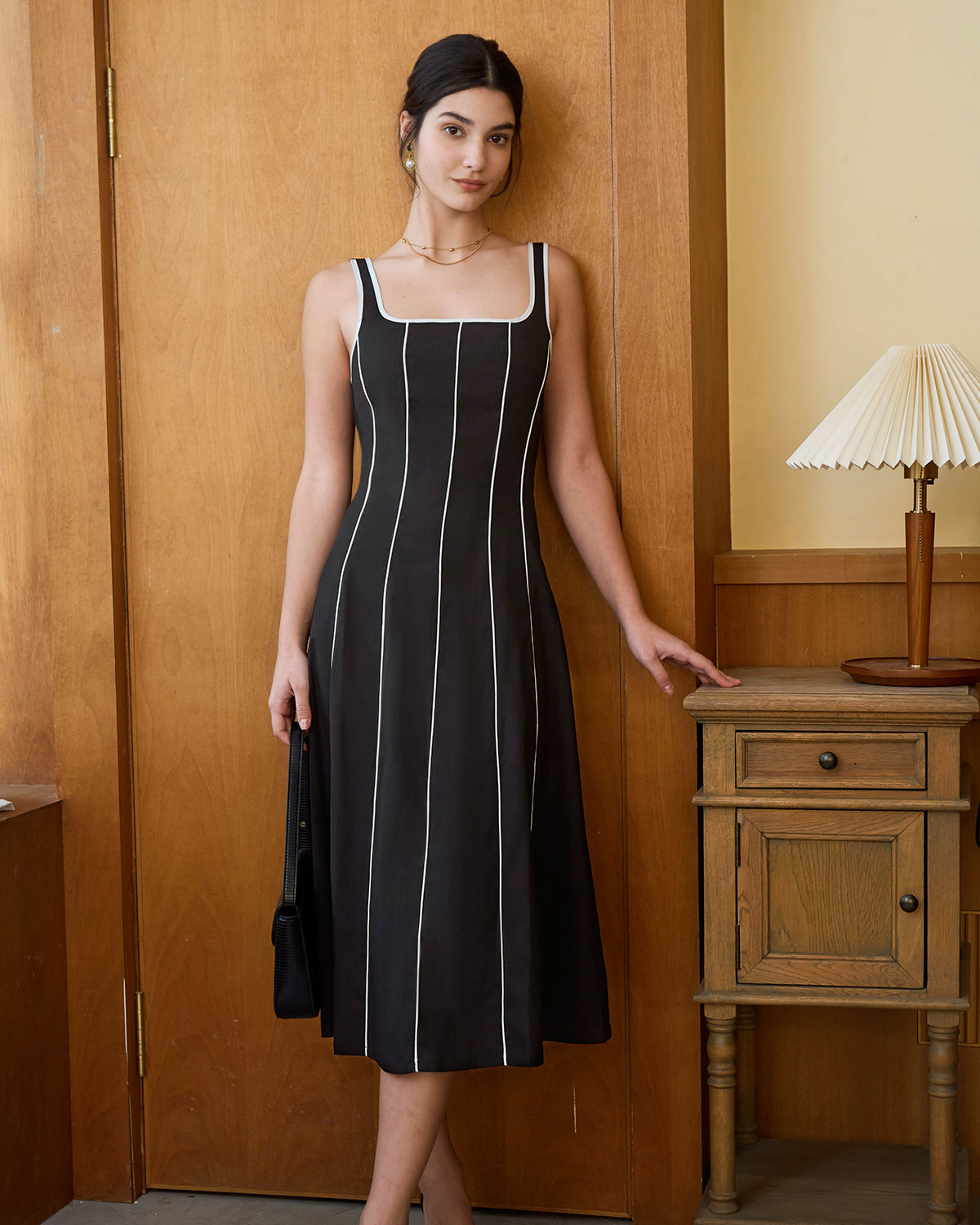 The Black Square Neck Contrast Midi Dress Low Cost For Sale