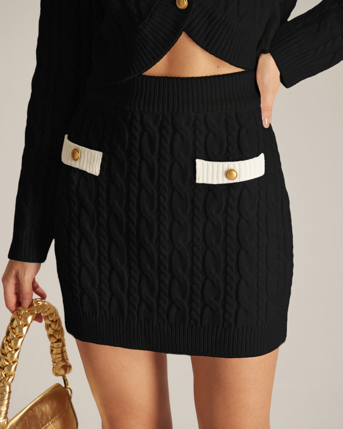 The Black Elastic Waist Button Cable Mini Skirt Amazing Pice