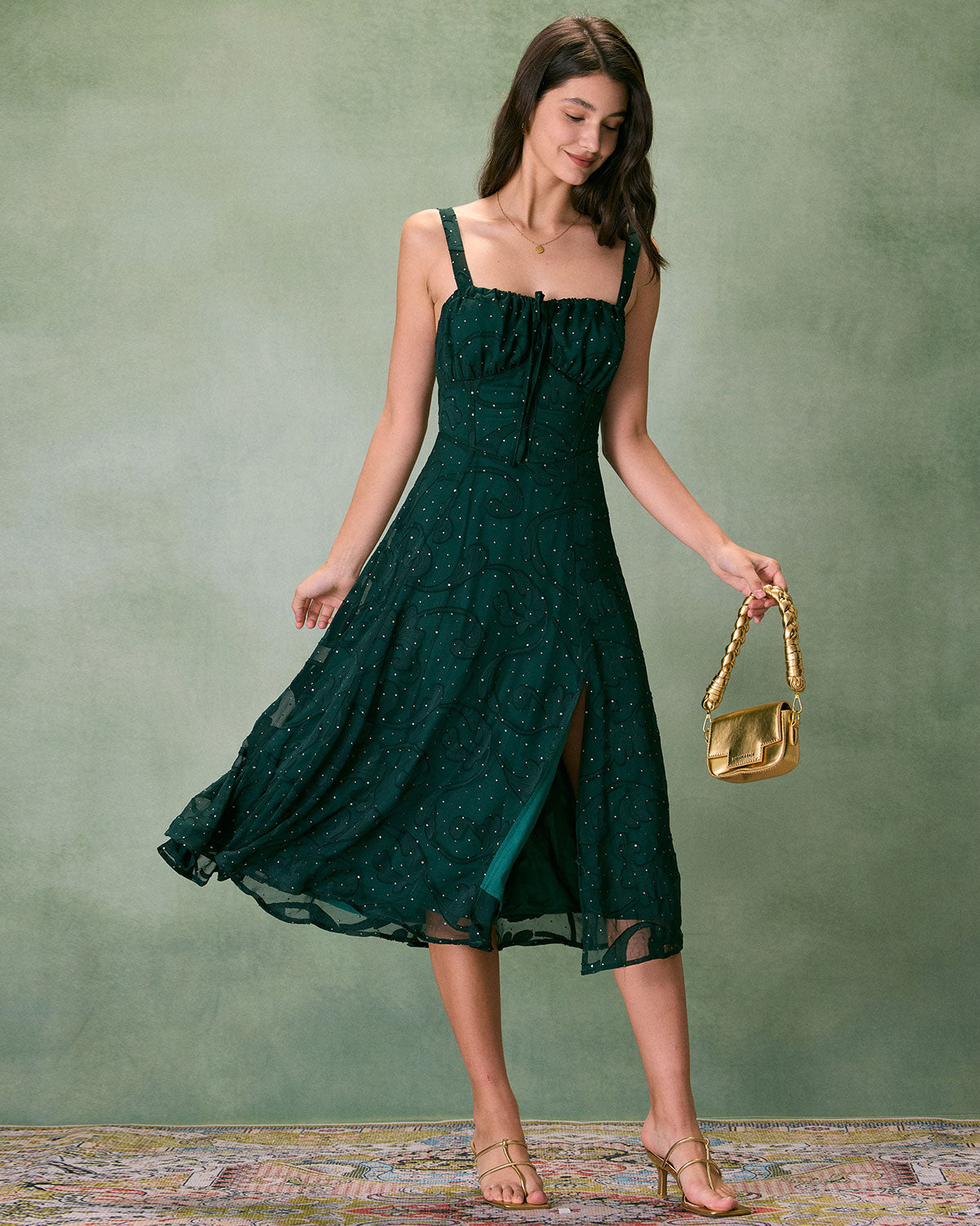 The Green Square Neck Jacquard Slit Midi Dress Free Shipping Classic