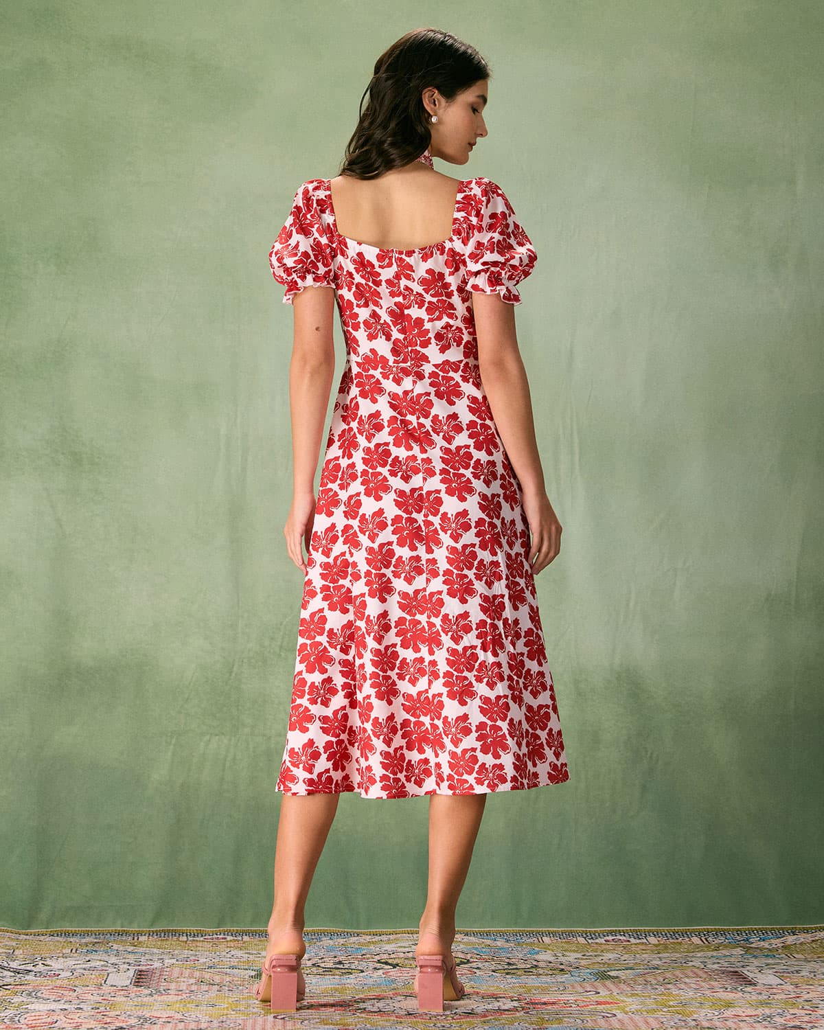 The Red Square Neck Floral Ruched Midi Dress Clearance Best Seller