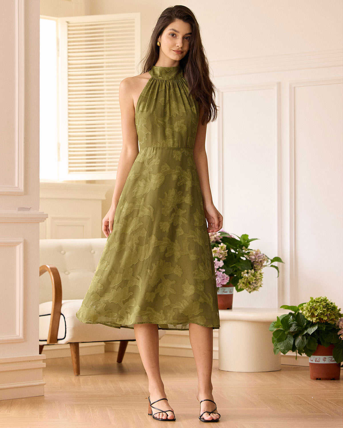 The Green Jacquard Ruched Halter Midi Dress Free Shipping Genuine