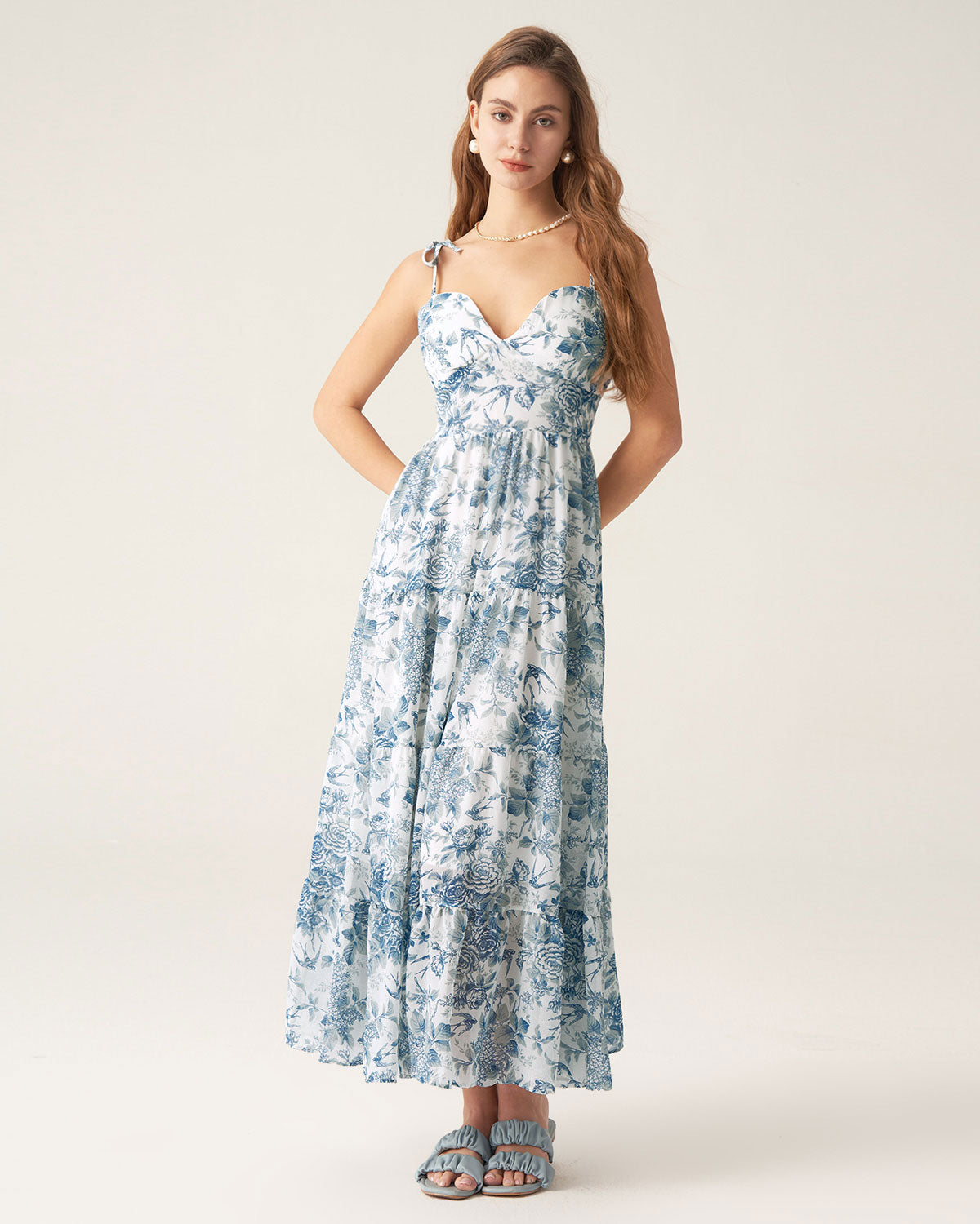 Blue Floral Tie Strap Midi Dress Pictures Online