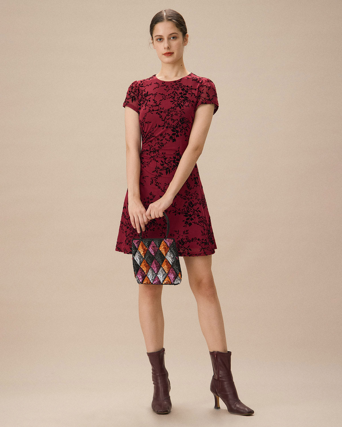 Red Floral Boat Neck Mini Dress Cheap Sale With Paypal