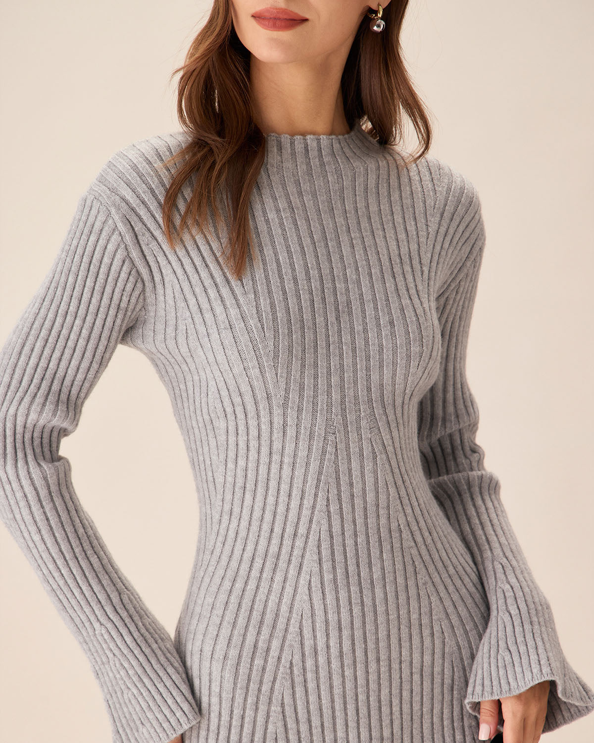 Grey Crew Neck Bell Sleeve Sweater Dress Discount 2025