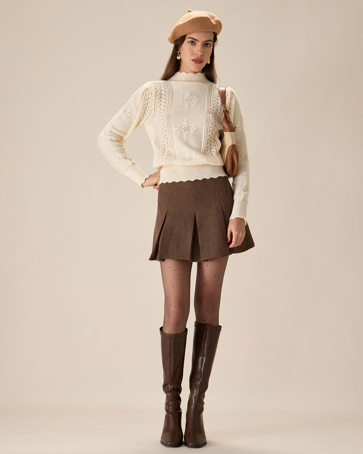 Beige Lantern Sleeve Sweater Free Shipping Online