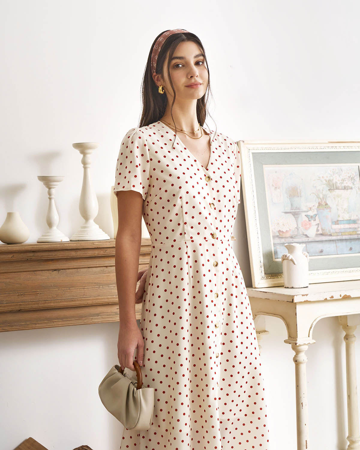 The Beige V Neck Polka Dot Button Midi Dress Buy Cheap Footlocker Finishline