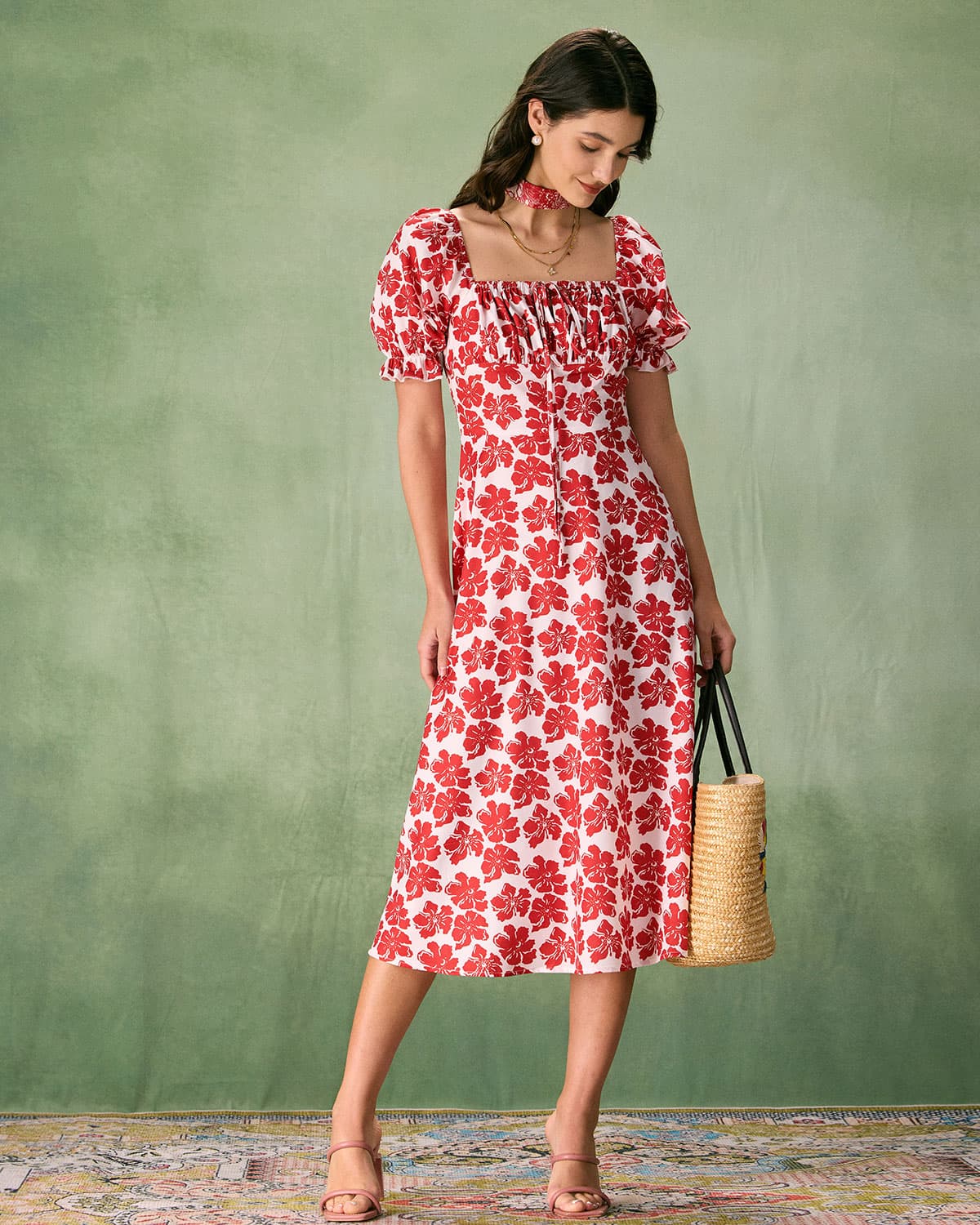 The Red Square Neck Floral Ruched Midi Dress Clearance Best Seller