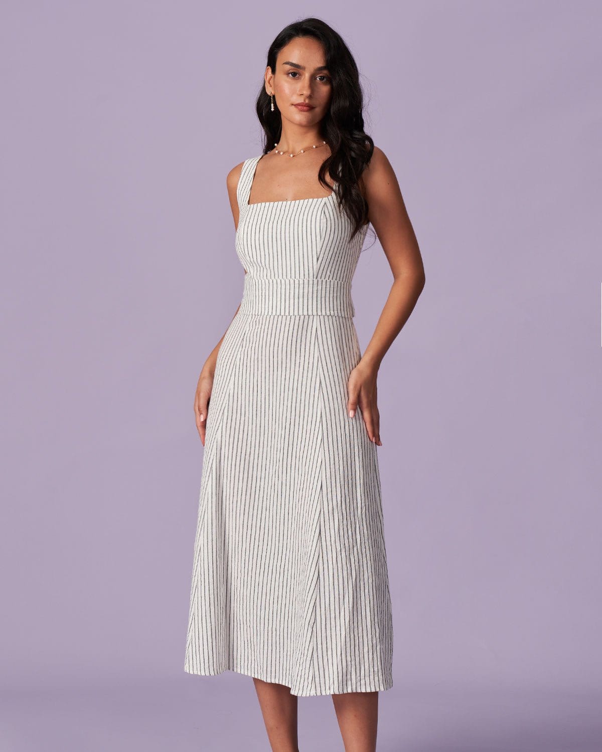 The White Square Neck Striped Midi Dress Discounts Sale Online