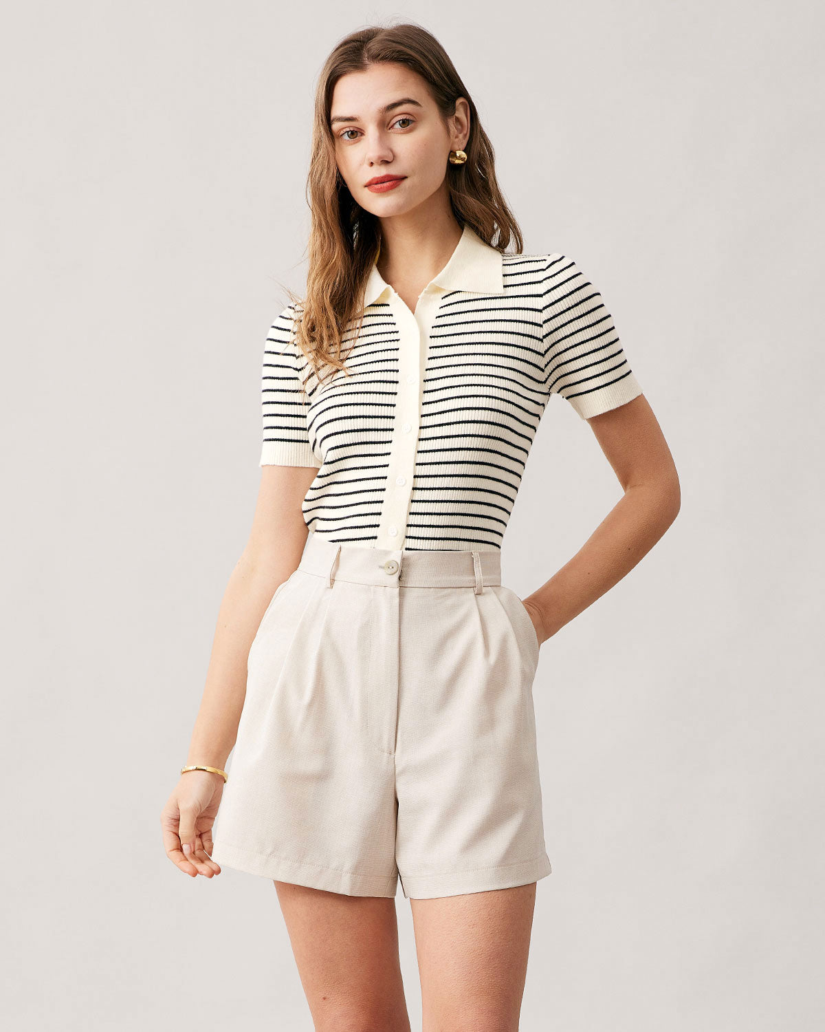 The Lapel Button Up Striped Knit Top Cheapest For Sale