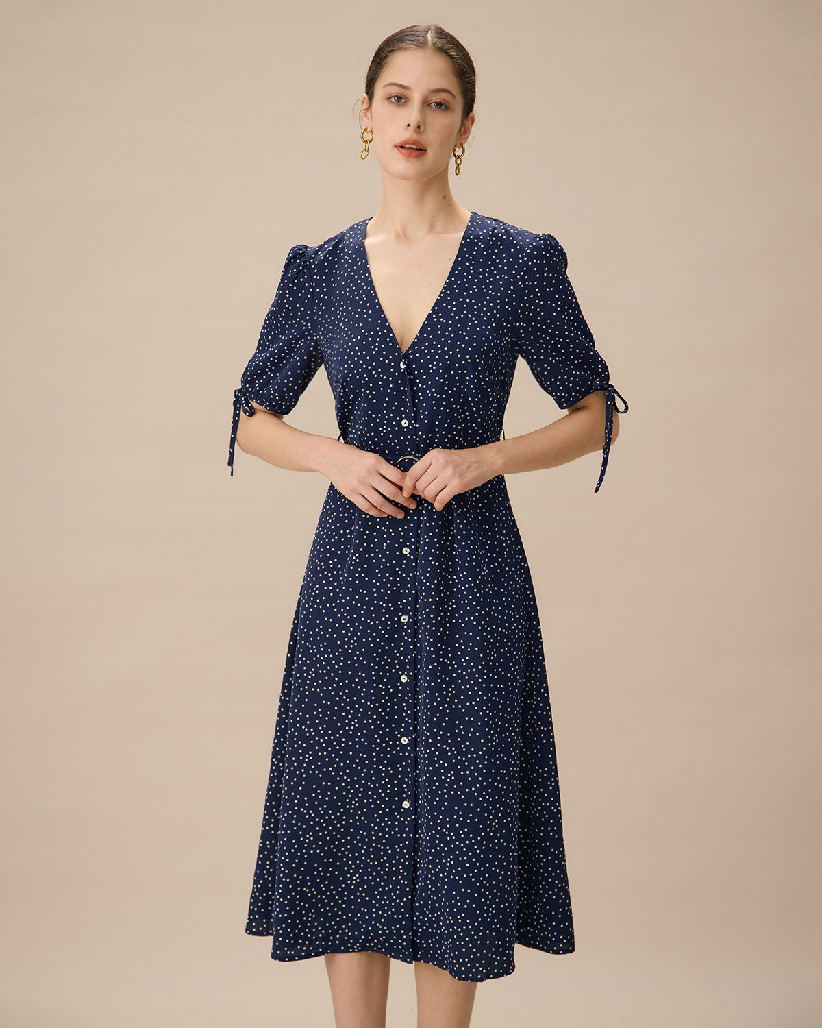 Navy Polka Dot Belted Midi Dress Countdown Package Cheap Pice