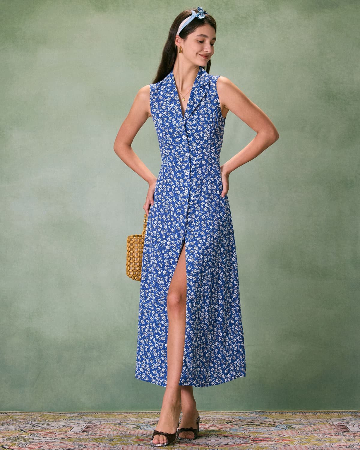 The Blue Collared Button-up Floral Maxi Dress Sale Clearance