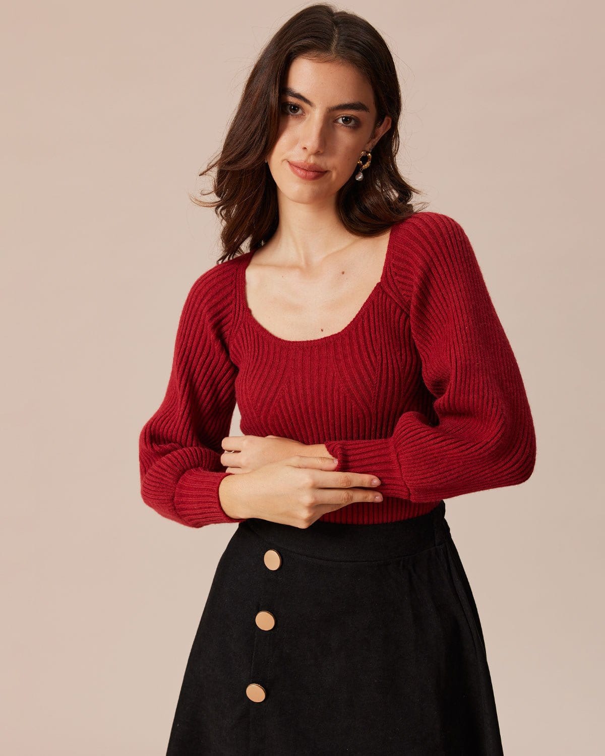 The Red Scoop Neck Lantern Sleeve Sweater Discounts