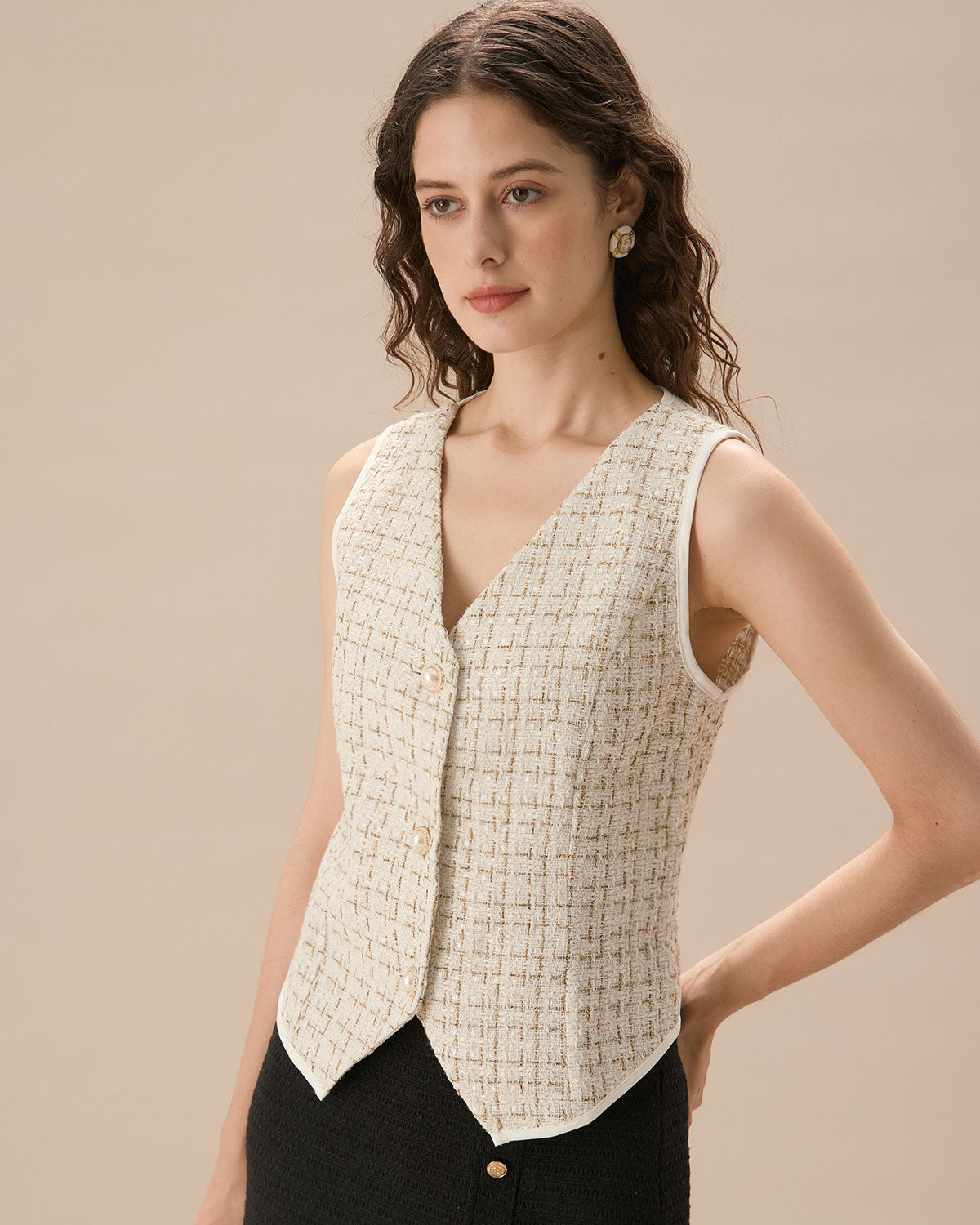 Women's Apricot V-Neck Buttoned Tweed Vest