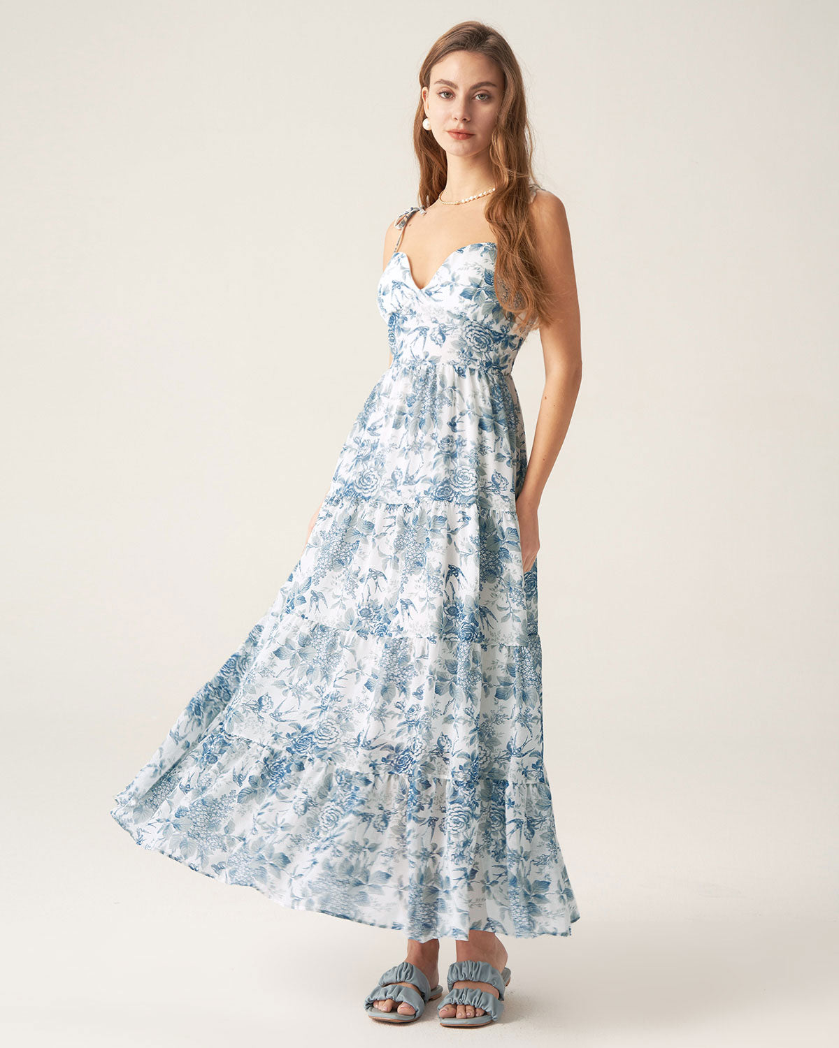 Blue Floral Tie Strap Midi Dress Pictures Online