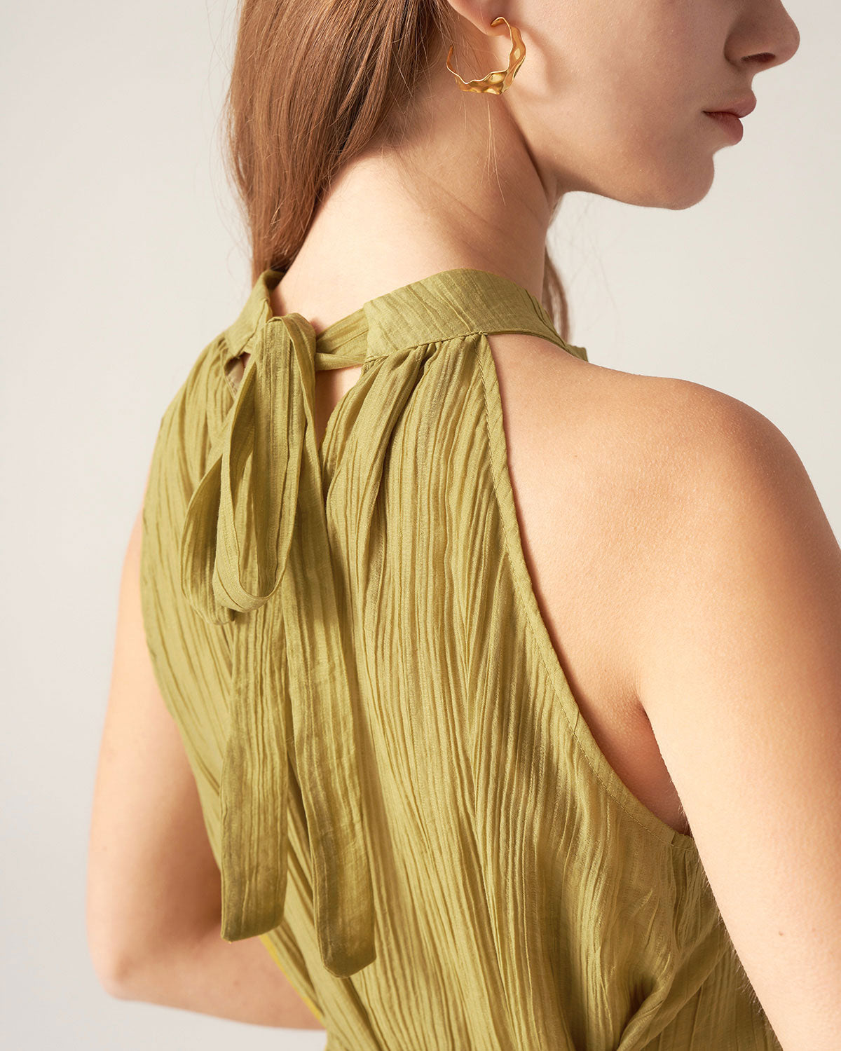 Green Ruffle Tie Neck Midi Dress Discount View