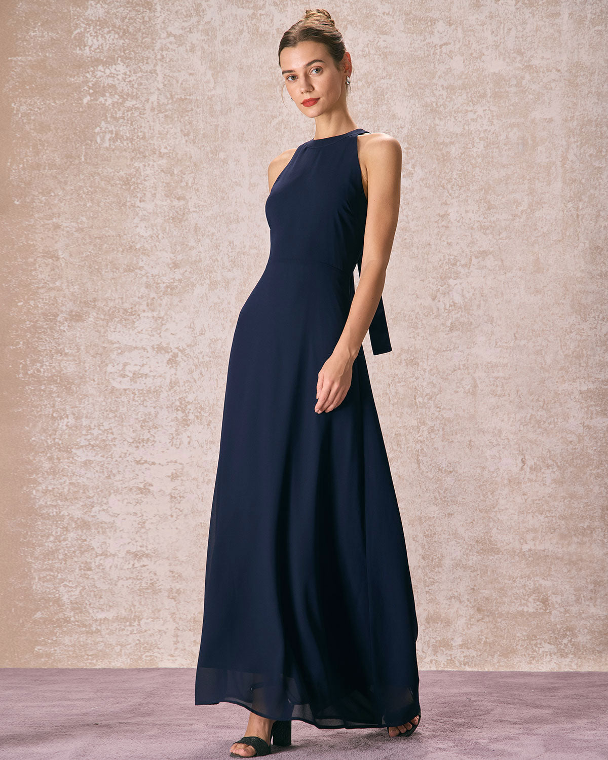 The Navy Halter Bowknot Back Maxi Dress Outlet Collections