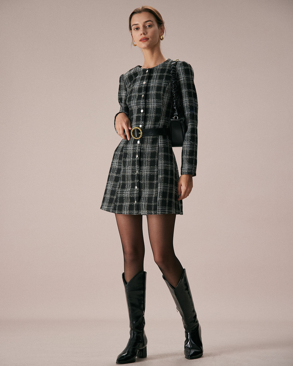 The Black Crew Neck Plaid A-Line Mini Dress Fashionable Cheap Pice