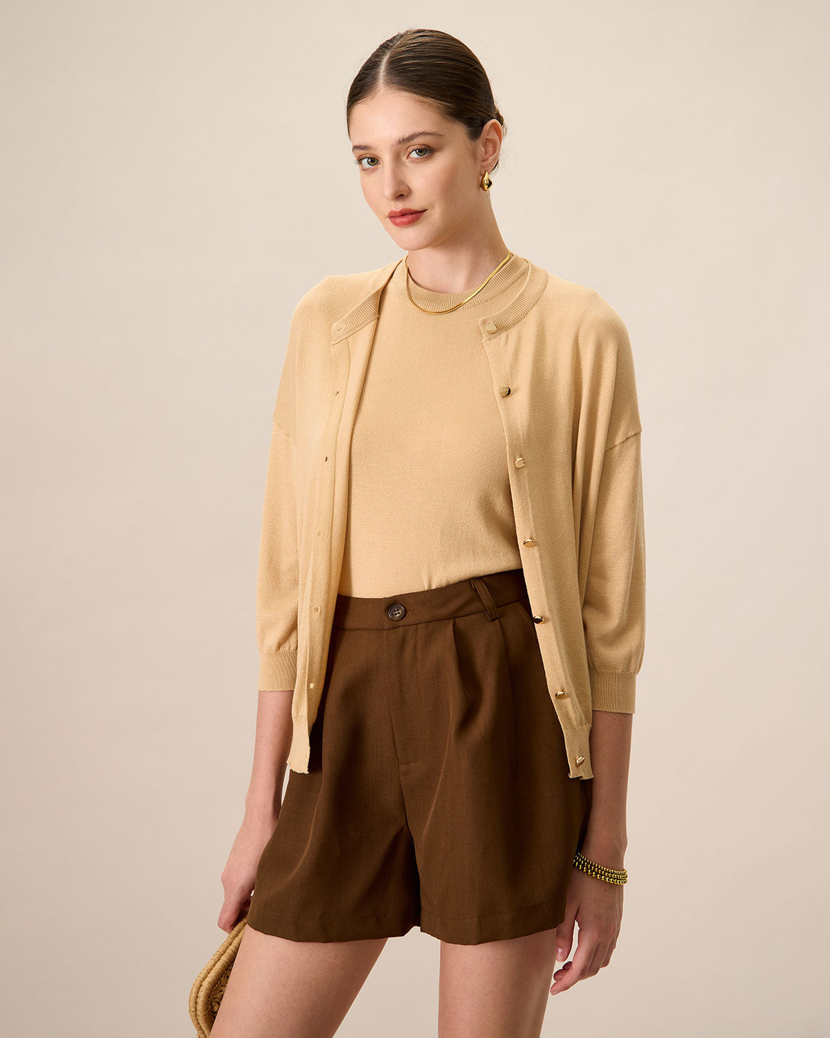 Women's Khaki Crew Neck Ribbed Tencel Cardigan