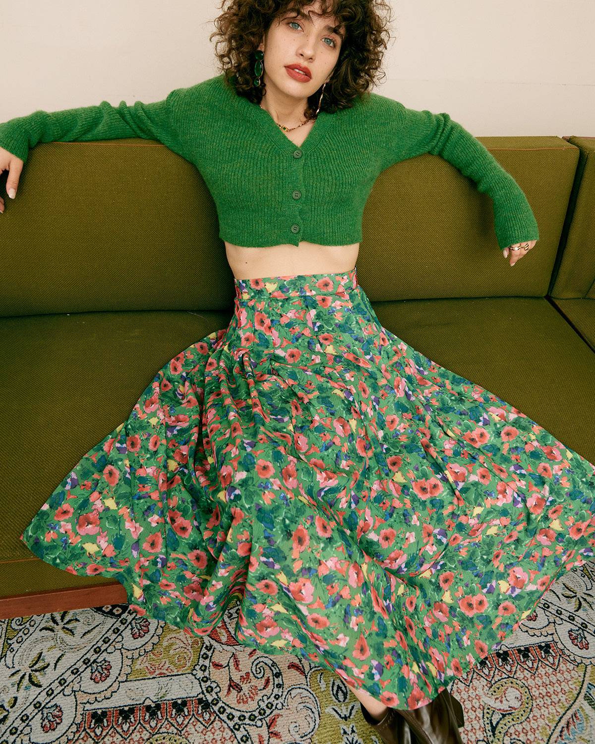 The Green Pleated Floral Skirt 2025 Cheap Online