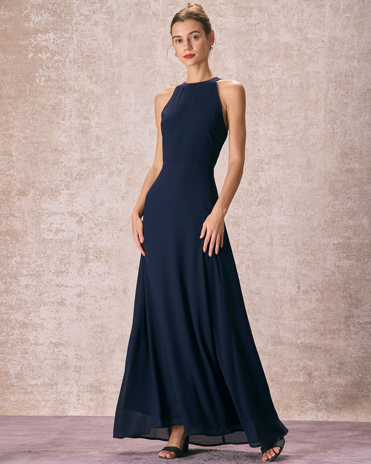 The Navy Halter Bowknot Back Maxi Dress Outlet Collections