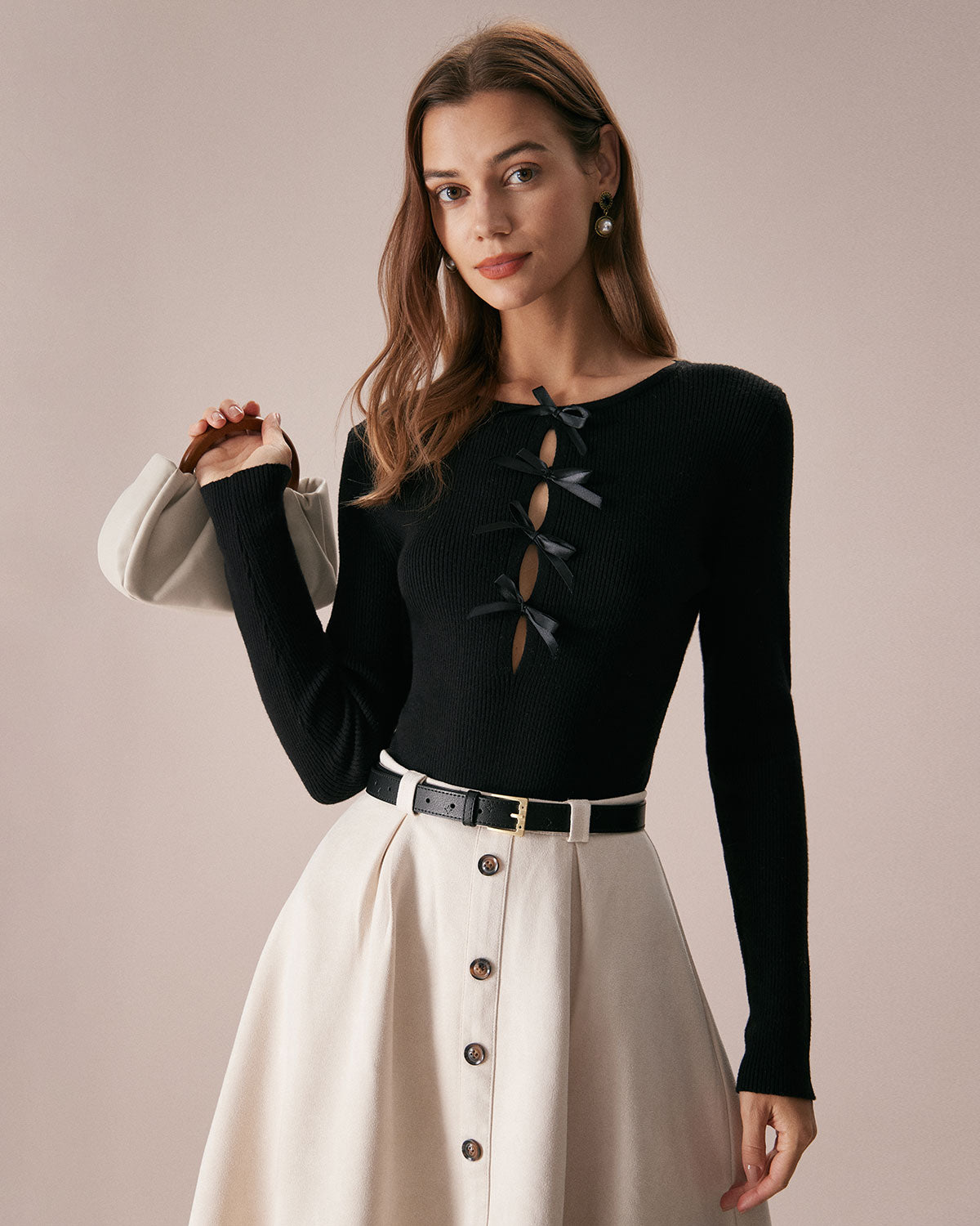 The Black Boat Neck Bowknot Front Knit Top Order