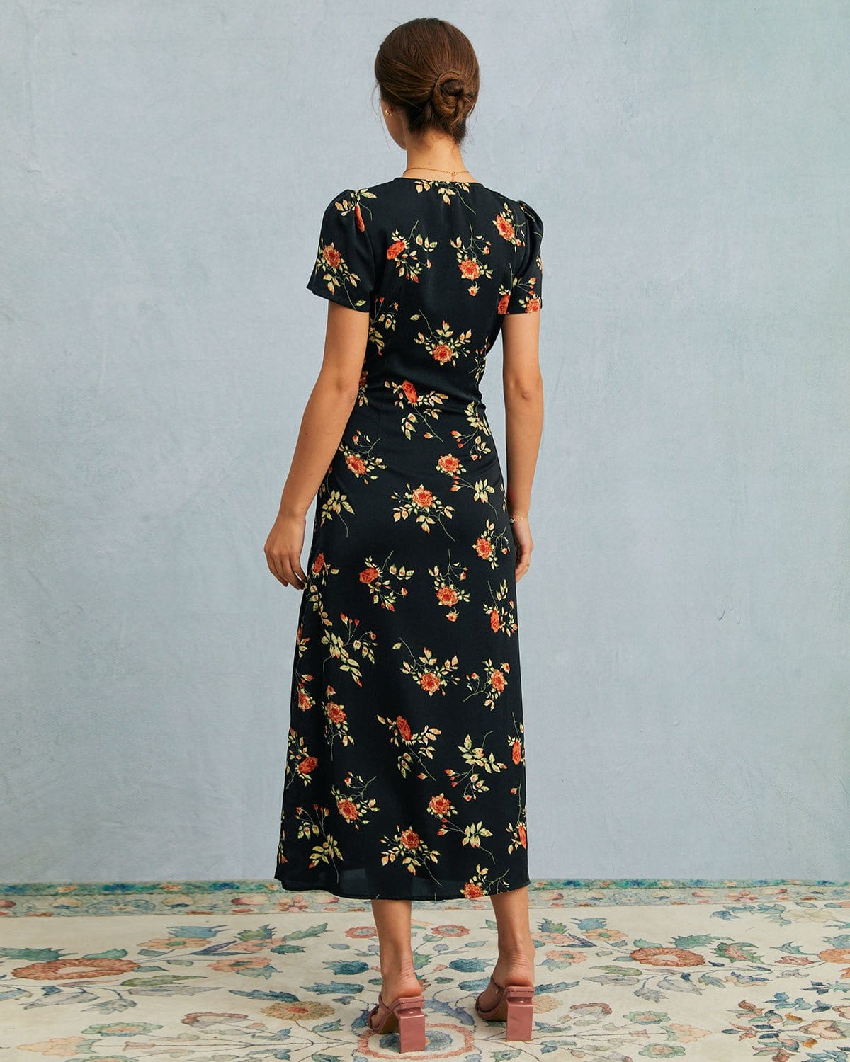 The Black V Neck Floral Short Sleeve Maxi Dress Outlet Deals
