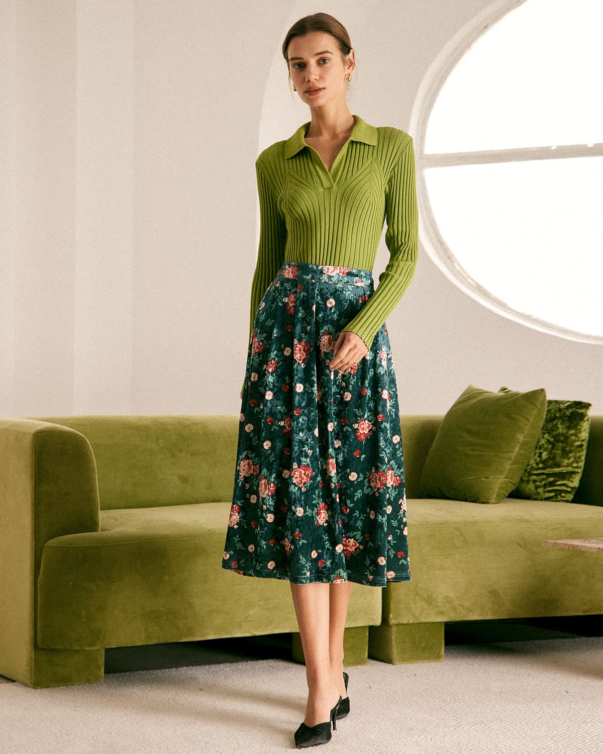 The Green Elastic Waist Floral Velvet Midi Skirt Free Shipping Sale Online