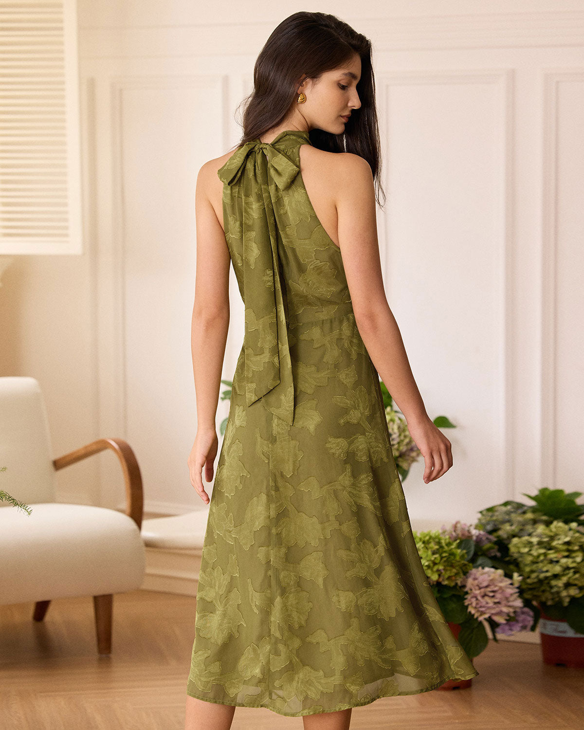 The Green Jacquard Ruched Halter Midi Dress Free Shipping Genuine