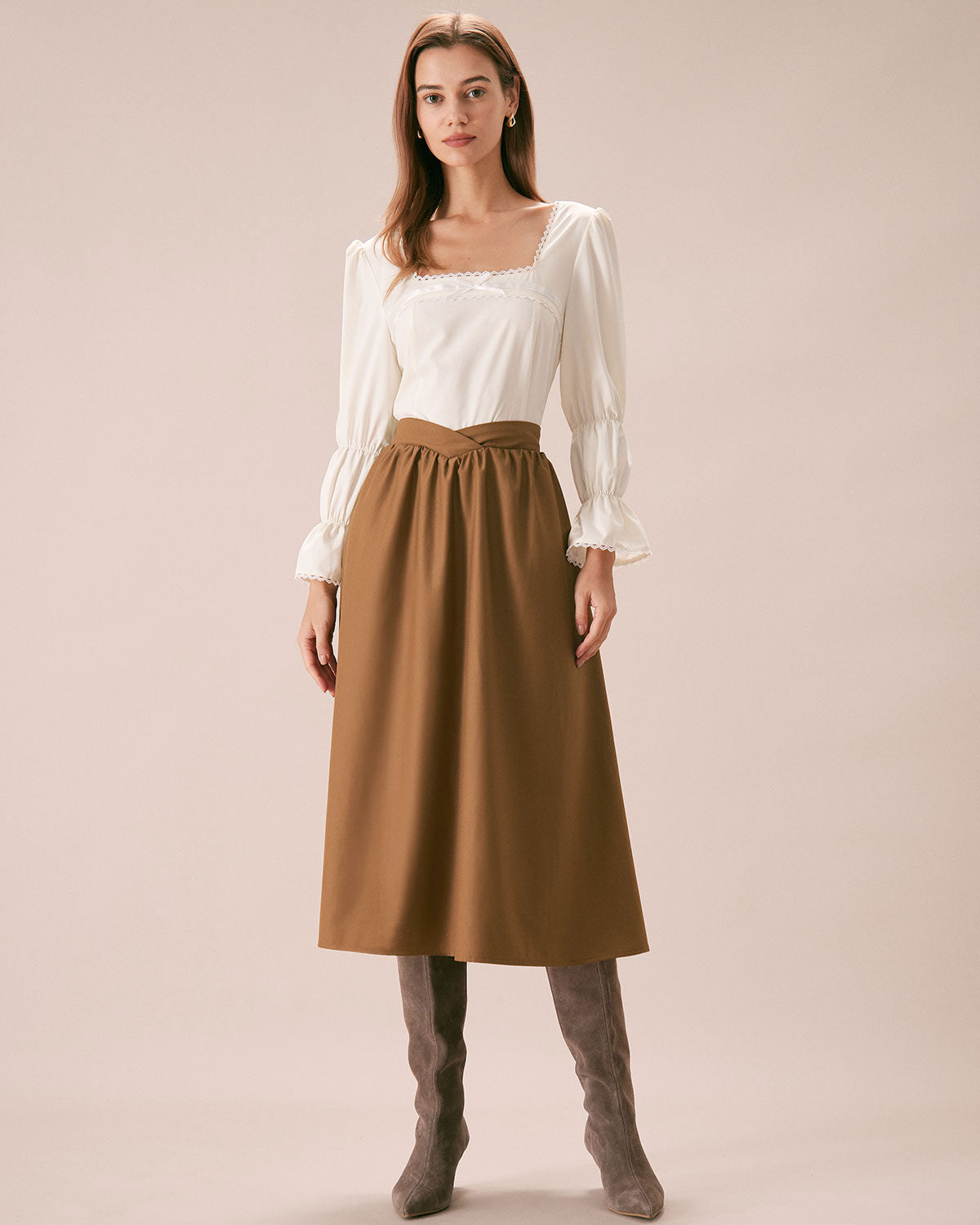 The Khaki High Waisted Pleated Midi Skirt Sale New Styles