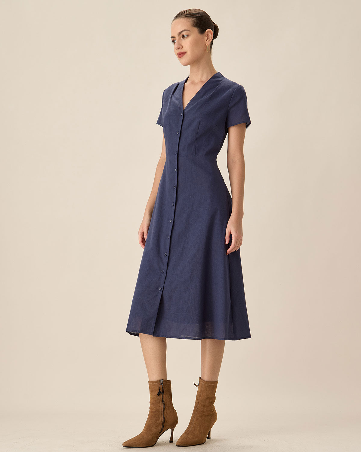 Navy Collared Button Midi Dress Affordable Cheap Online