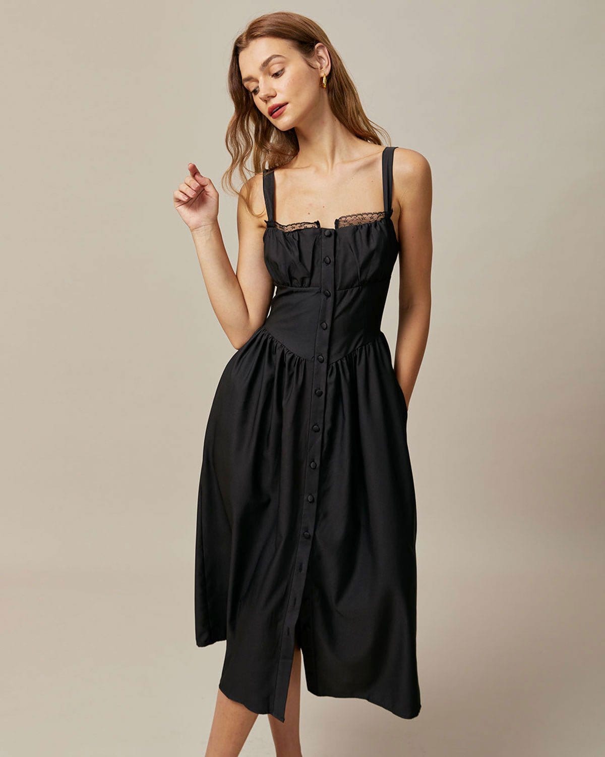 The Black Square Neck Lace Cami Midi Dress Cheap Sale Websites