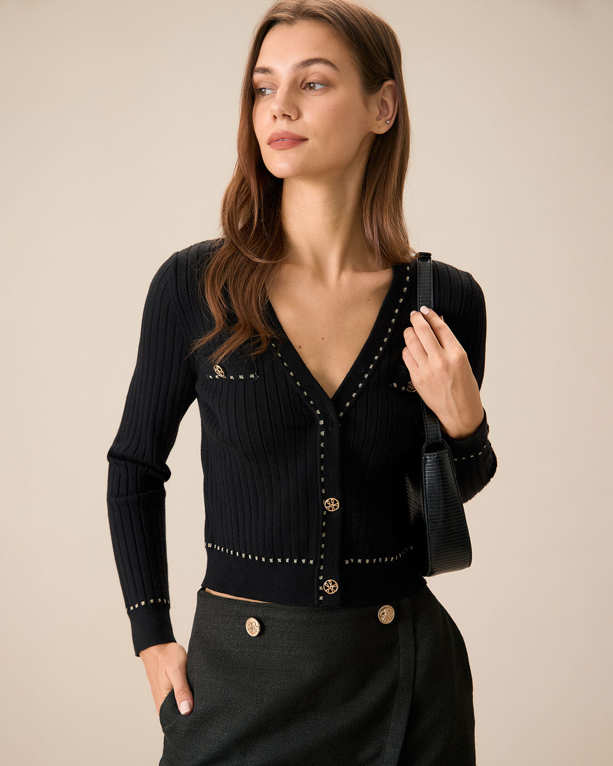 Black Contrasting Single-Breasted Cardigan Fashion Style Cheap Online