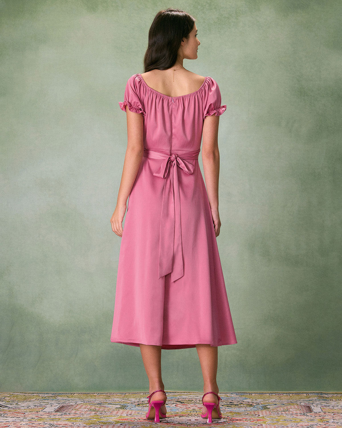 The Pink Sweetheart Neck Ruched Satin Midi Dress Free Shipping Reliable