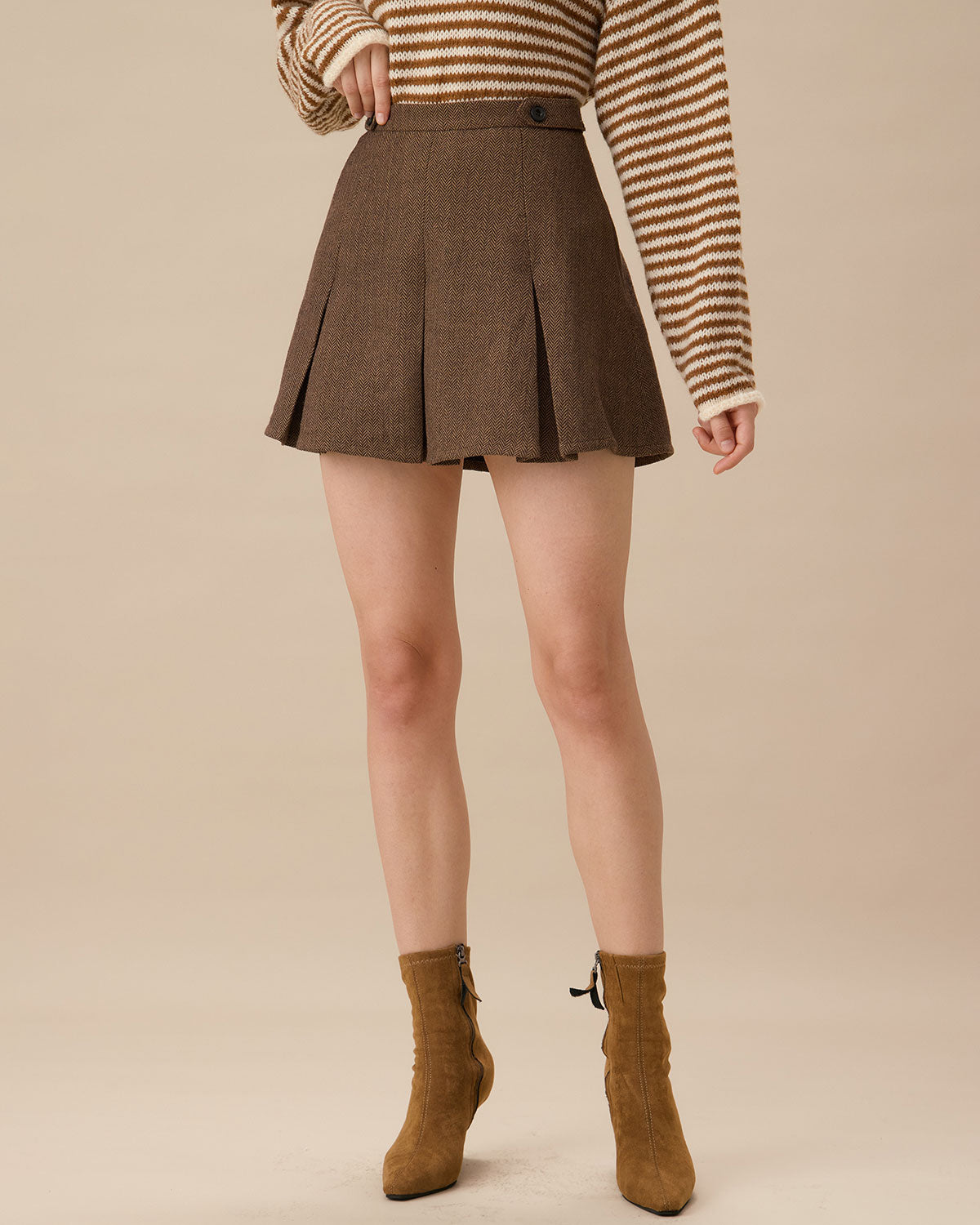 Brown Striped Pleated Mini Skirt Outlet Locations Sale Online