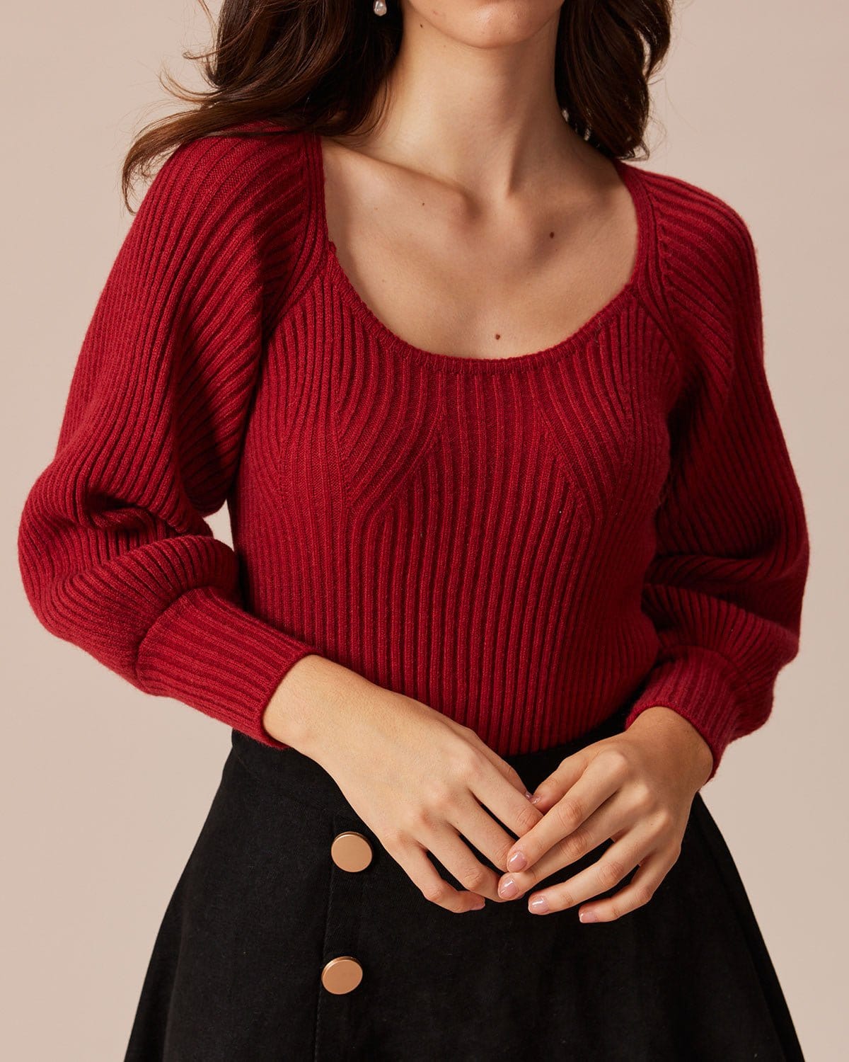 The Red Scoop Neck Lantern Sleeve Sweater Discounts