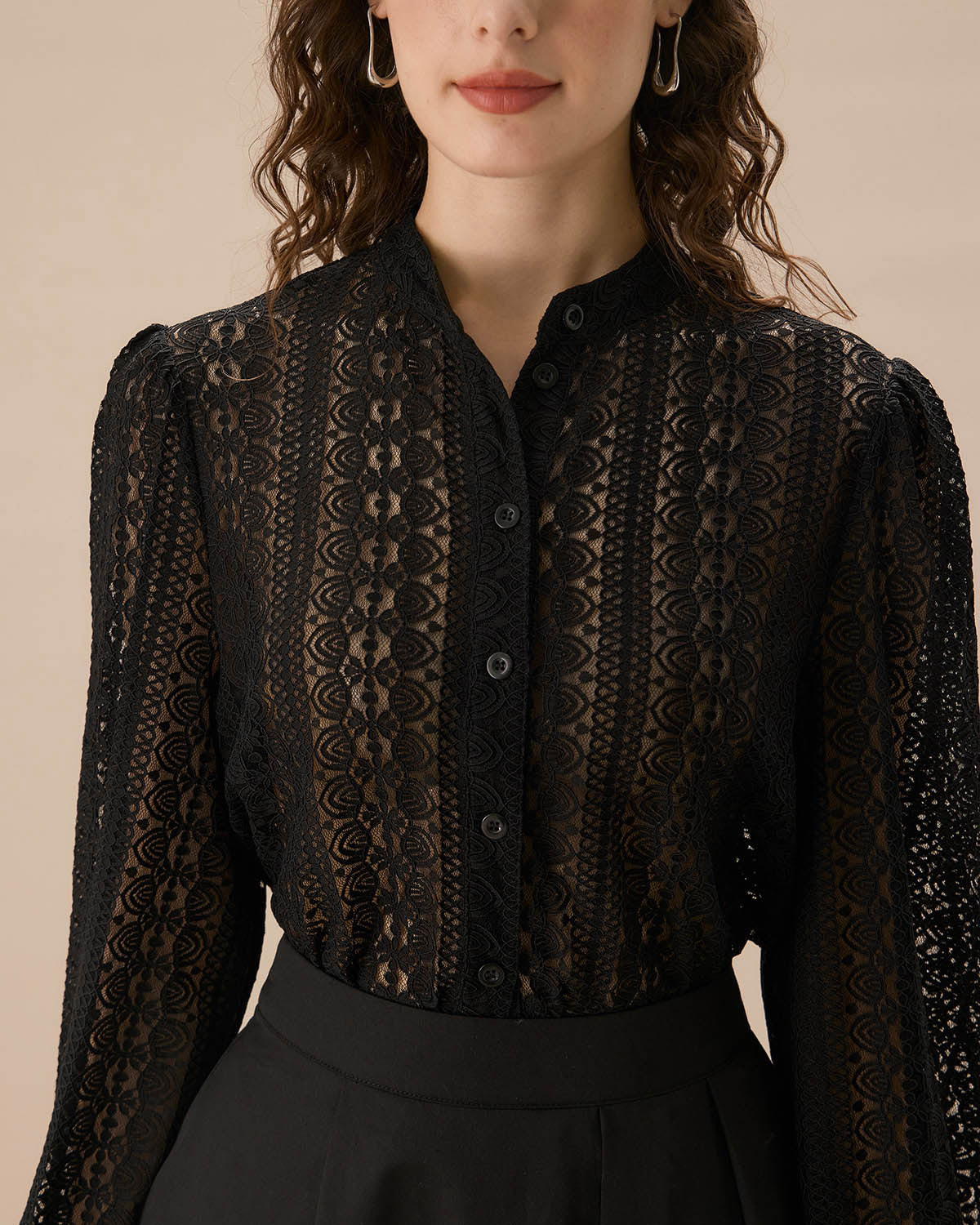 Black Lace Lantern Sleeve Blouse Discount Low Pice