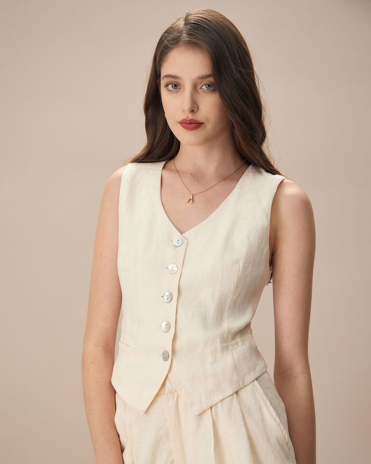 The Apricot V Neck Button-Up Linen Vest Discount Pay With Paypal